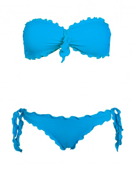 Bikini frou frou azzurro cielo composto da fascia con fiocco e slip o brasiliana con lacci