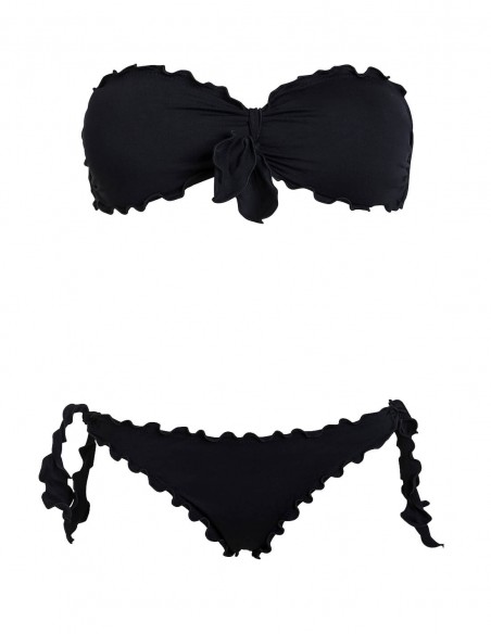 Bikini frou frou nero composto da fascia con fiocco e slip o brasiliana con lacci