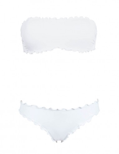Bikini frou frou bianco composto da fascia  e slip o brasiliana senza lacci