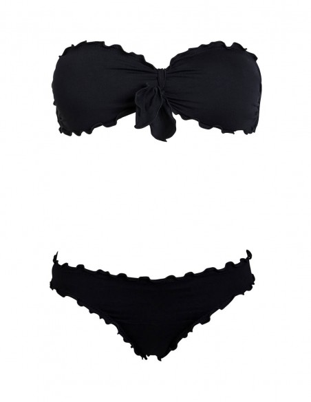 Bikini frou frou nero composto da fascia con fiocco e slip o brasiliana senza lacci