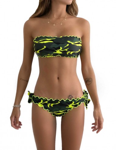 Bikini frou frou Mimetico composto da fascia e slip o brasiliana con lacci