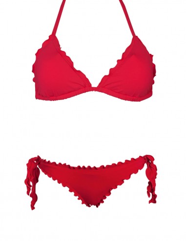 Bikini frou frou rosso composto da triangolo frou frou e slip o brasiliana con lacci