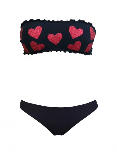 Bikini fascia con cuori glitter rossi e brasiliana Beatriz | Nero