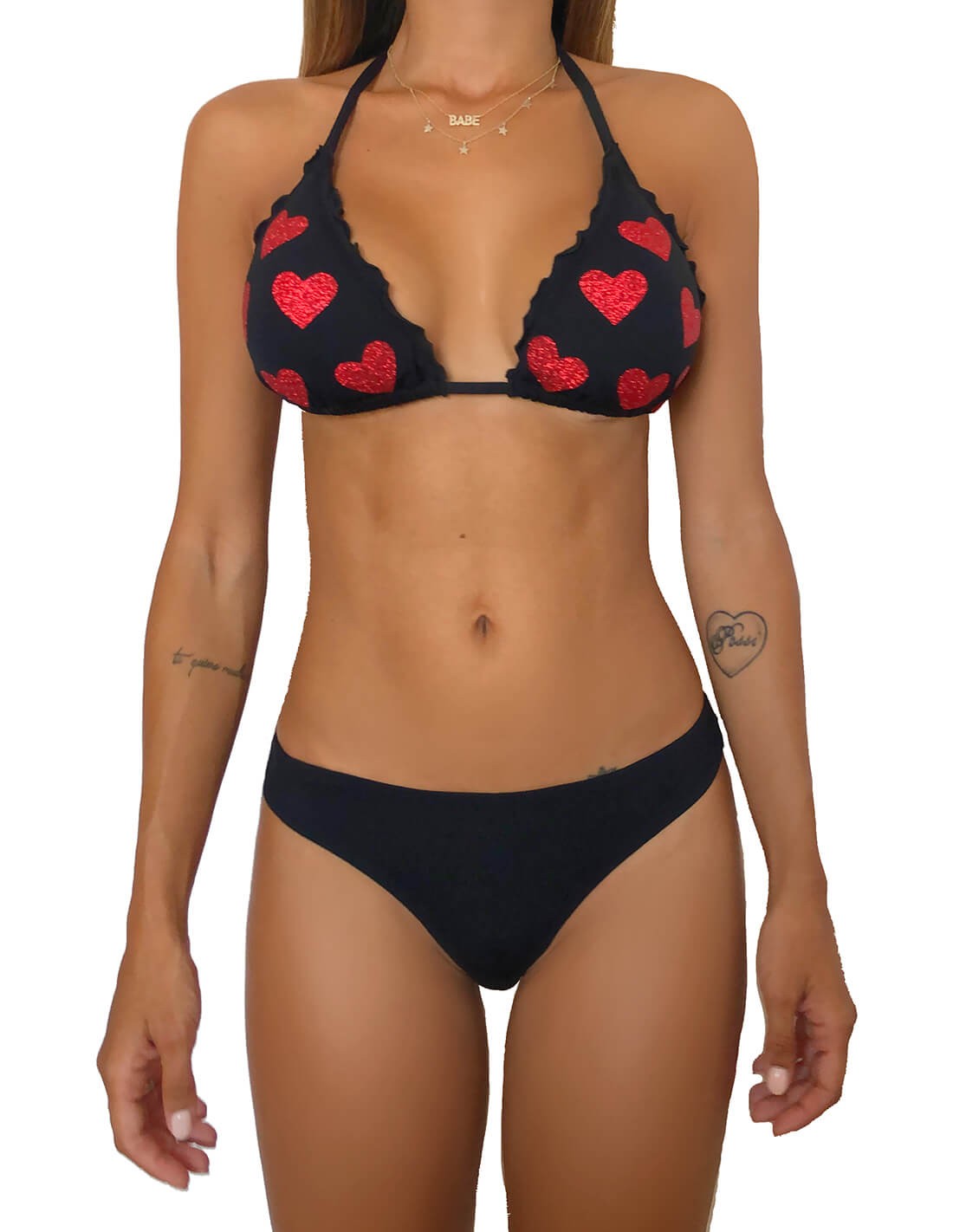 Bikini triangolo con cuori glitter rossi e brasiliana Beatriz | Nero