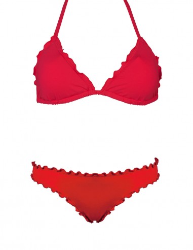 Bikini frou frou rosso composto da triangolo e slip o brasiliana senza lacci