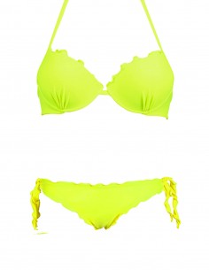 Bikini frou frou giallo fluo composto da reggiseno super push up e slip o brasiliana con lacci