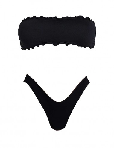 Bikini fascia frou frou con brasiliana a V | Nero