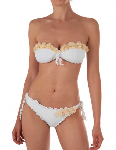 Bikini fiori fascia frou frou con slip o brasiliana | Bianco