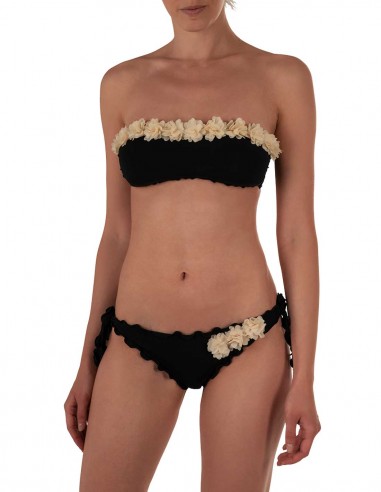 Bikini fiori fascia frou frou con slip o brasiliana | Nero