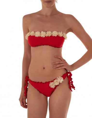 Bikini fiori fascia frou frou con slip o brasiliana | Rosso