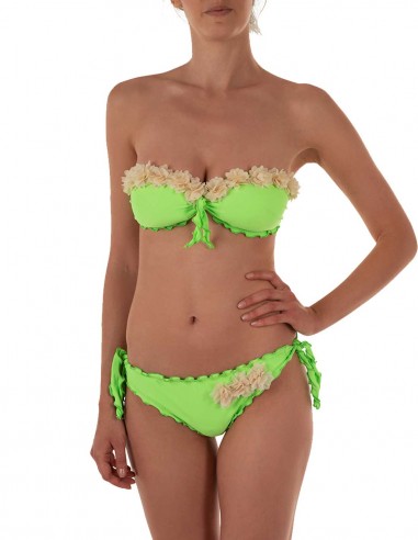 Bikini fiori fascia frou frou con slip o brasiliana | Verde Fluo