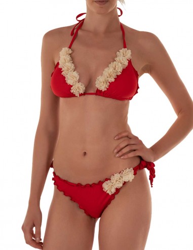 Bikini fiori triangolo frou frou con slip o brasiliana | Rosso