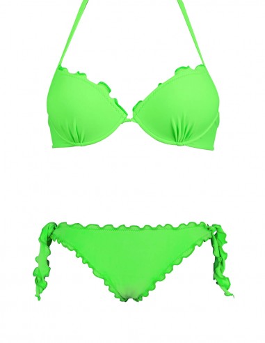 Bikini frou frou verde fluo composto da reggiseno super push up e slip o brasiliana con lacci