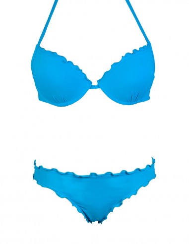 Bikini frou frou azzurro cielo composto da super push up e slip o brasiliana senza lacci